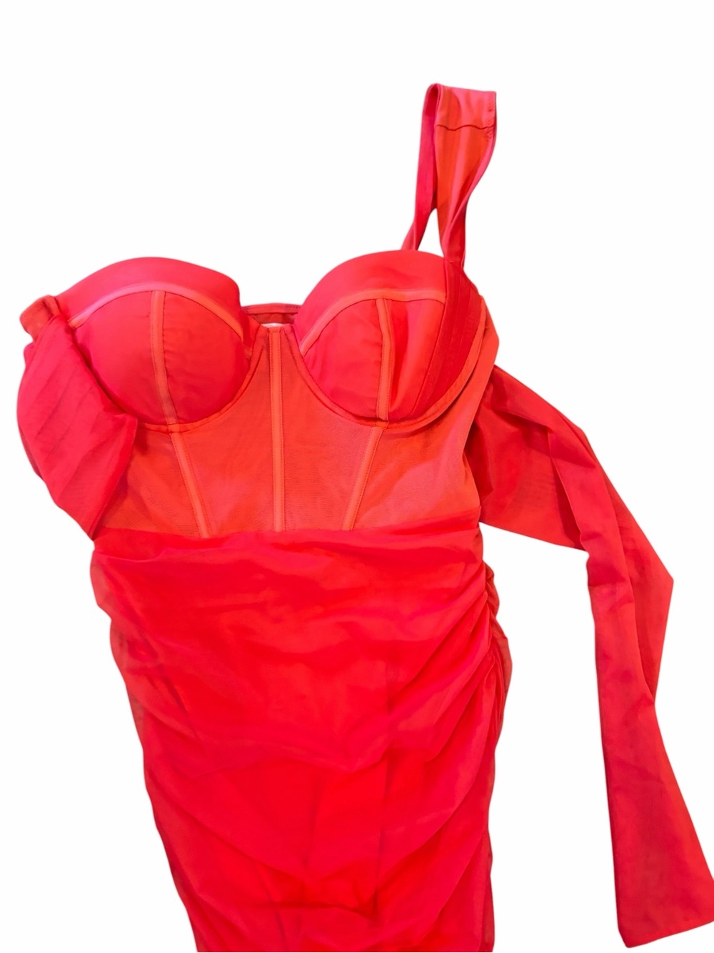 Oh Polly One For You Mesh Asymmetric Off Shoulder Mini Dress in Pink Bustier - Picture 4 of 9